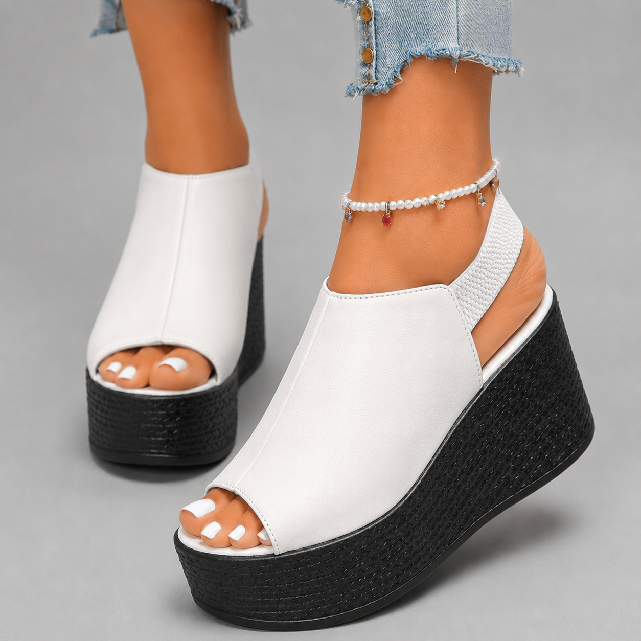 Women's Leather Peep-Toe Wedge Platform Sandals — front view
