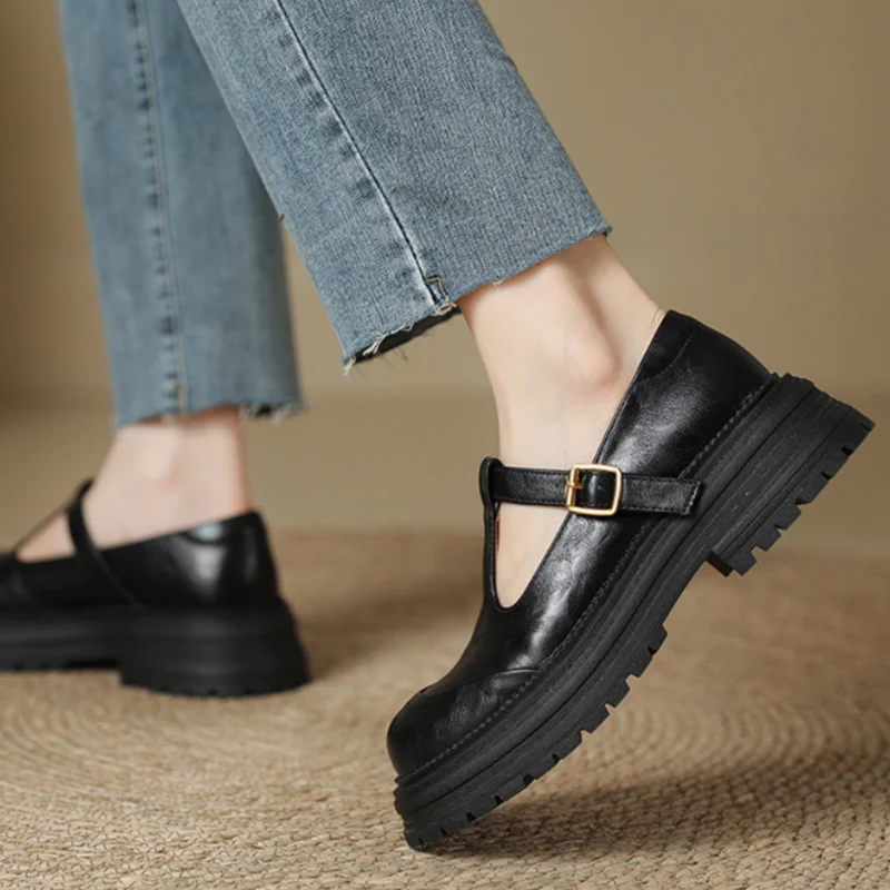 Women's T-Bar Mary Jane Brogue Round Toe Low Heel — side view