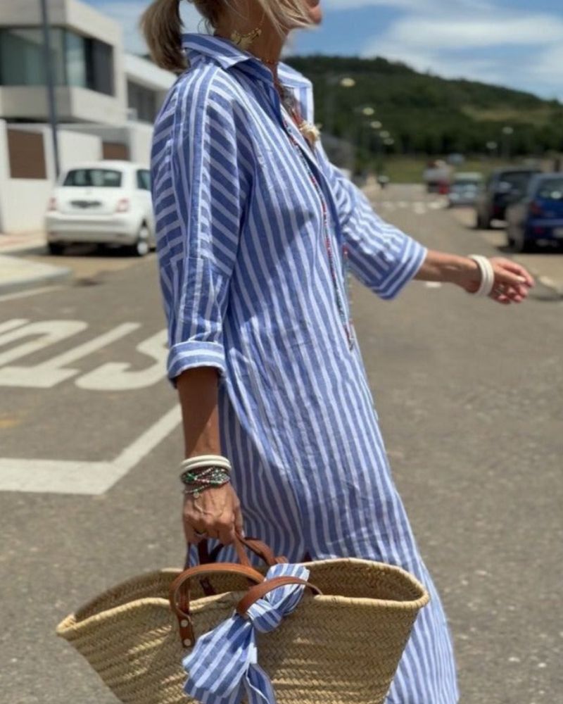 Women's Striped Casual Shirt Midi Dress — detail view