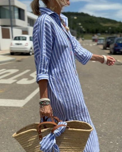 Women's Striped Casual Shirt Midi Dress — detail view