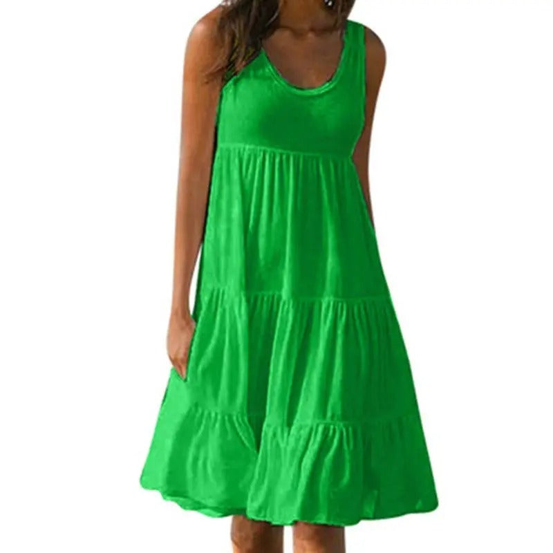 Bright green tiered sleeveless midi dress with gathered ruffled layers — front view