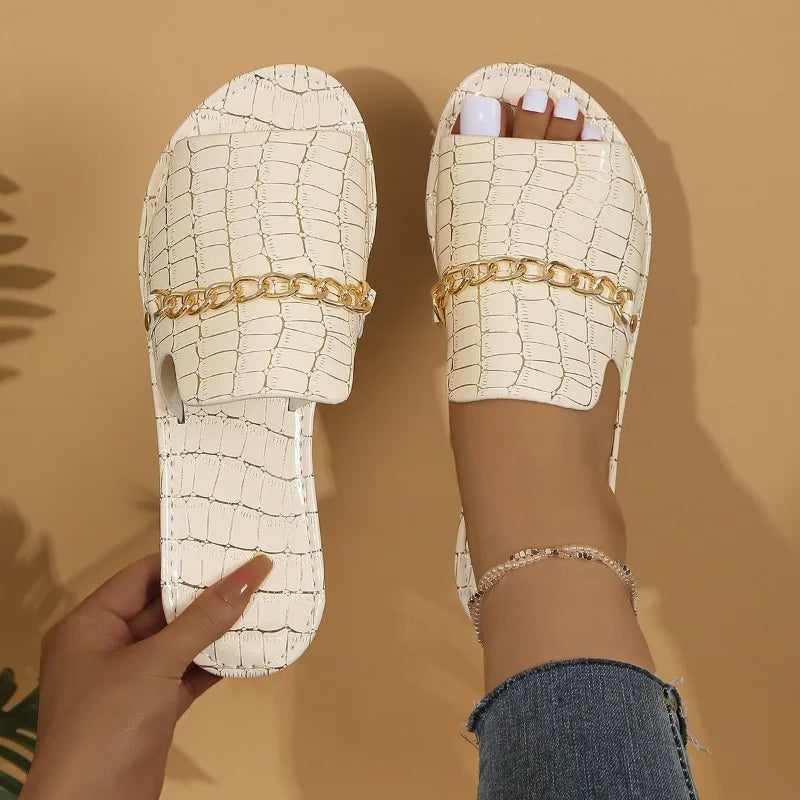 Chain Detail Flat Slide Sandals for Women — product view
