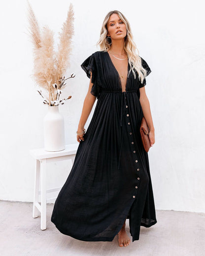 Black maxi dress with button-front detail and flutter sleeves — front view
