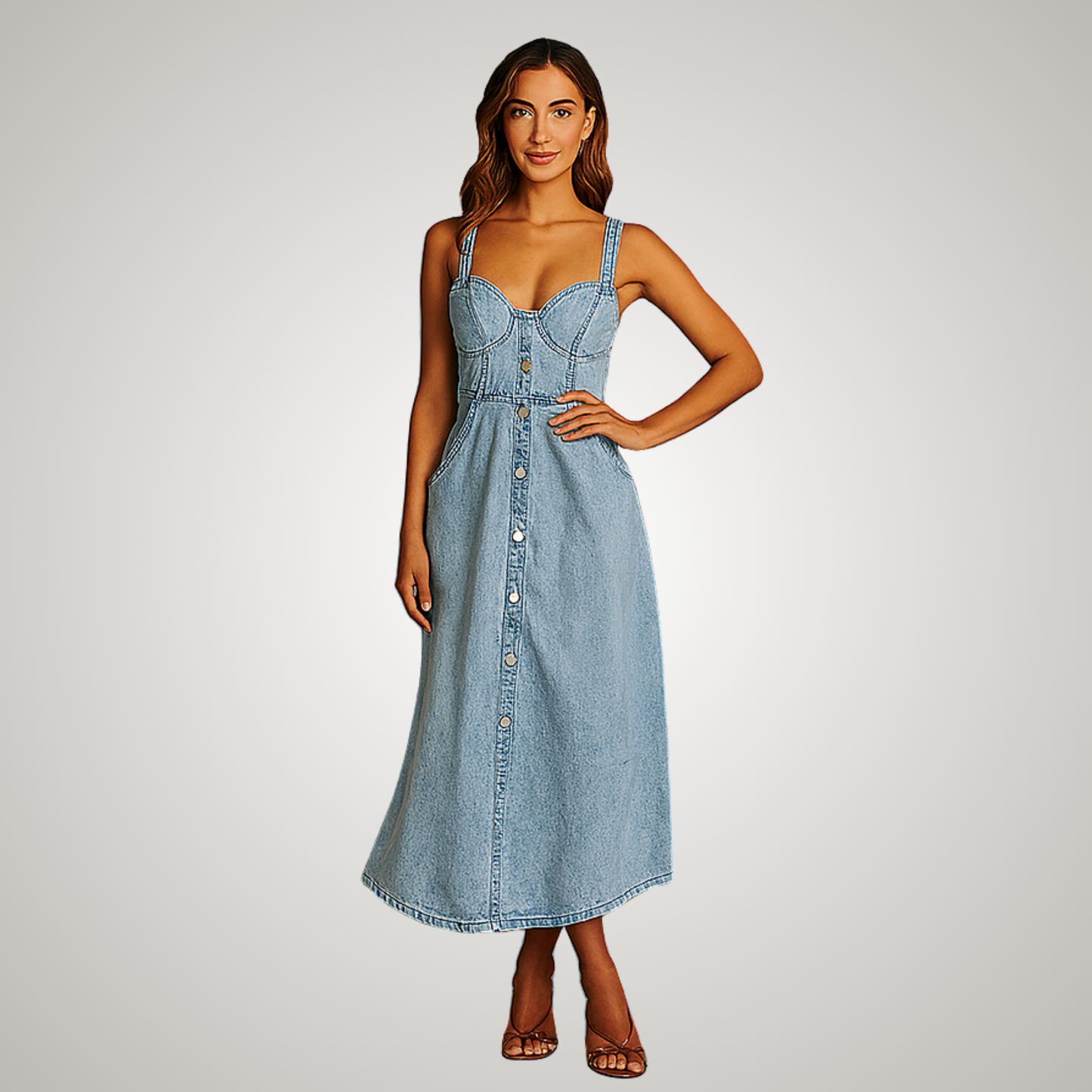 Women's Sleeveless Denim Casual Midi Dress — front view