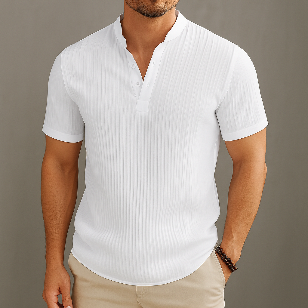 Men's Linen Band Collar Popover Shirt — detail view