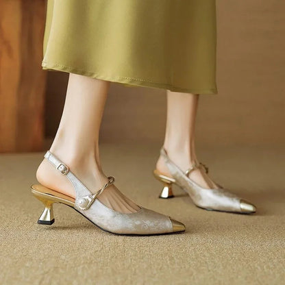 Women's Pearl Slingback Kitten Heel Pointed Toe Pumps — detail view