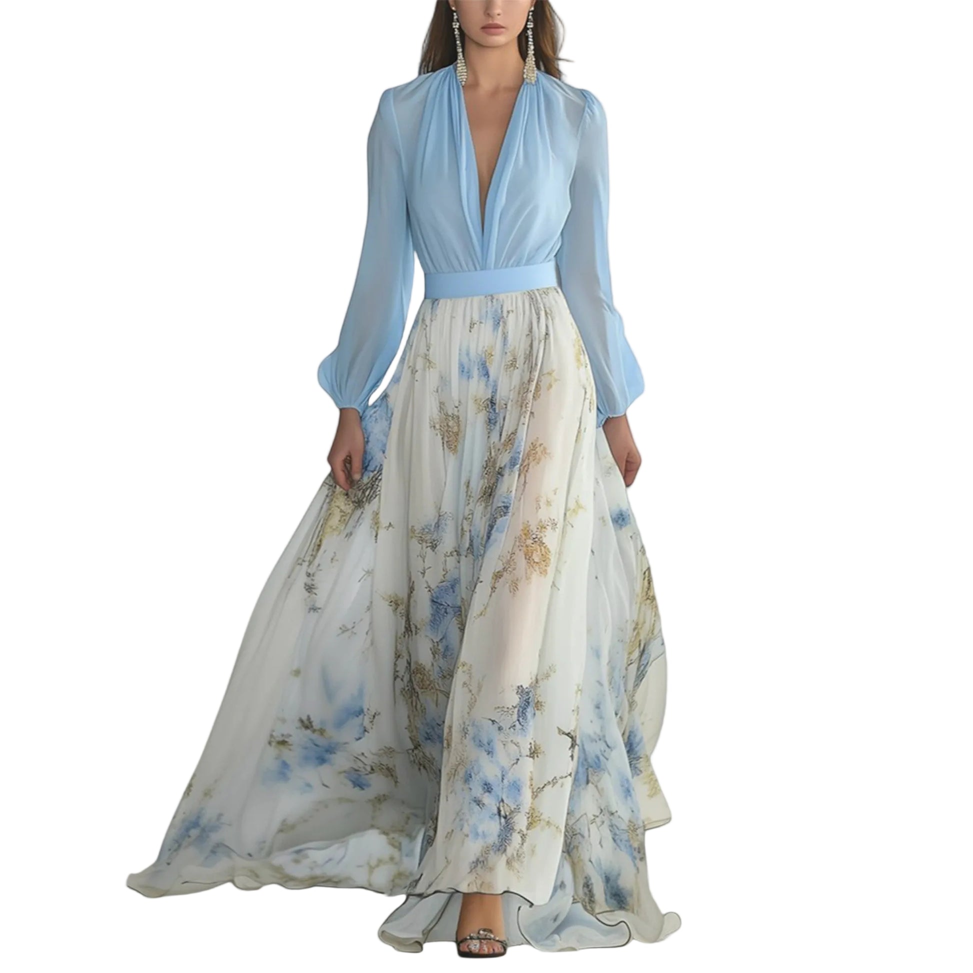 Floral print maxi dress with blue bodice and flowing cream skirt with blue floral pattern — front view