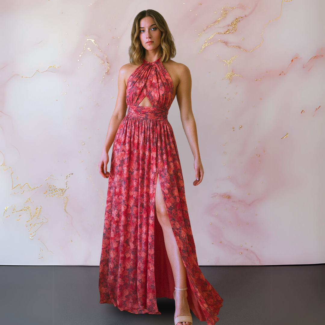 Red floral halter maxi dress with keyhole cutout and high slit — front view