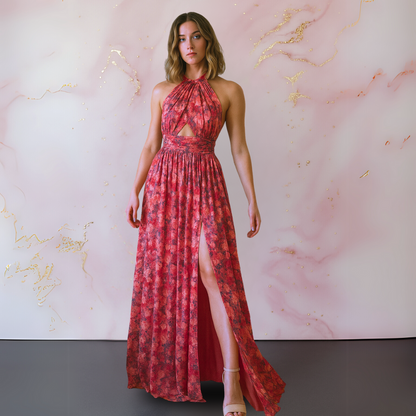 Red floral halter maxi dress with keyhole cutout and high slit — front view