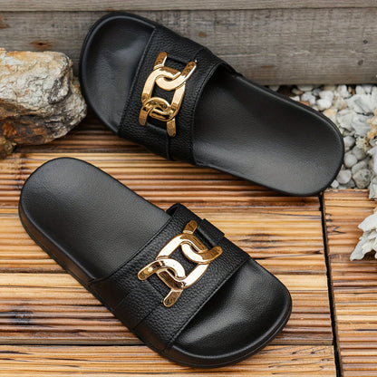 Women's Black Slip-On Flat Sandals — front view