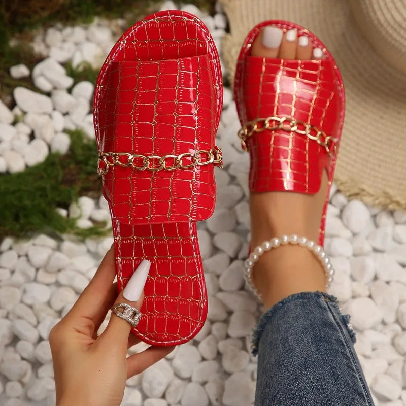 Chain Detail Flat Slide Sandals for Women — product view