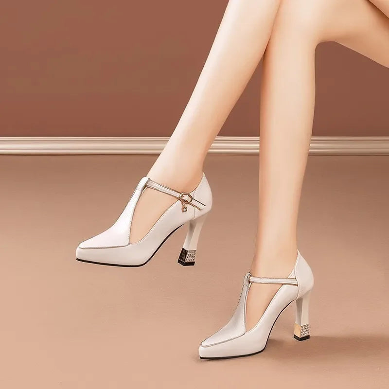 Women's Leather Block Heels with Buckle — side view
