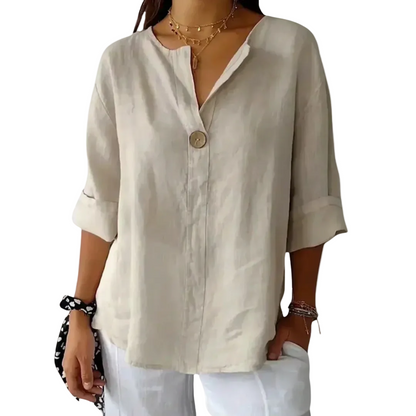 Women's beige linen shirt with V-neck and single button closure — front view