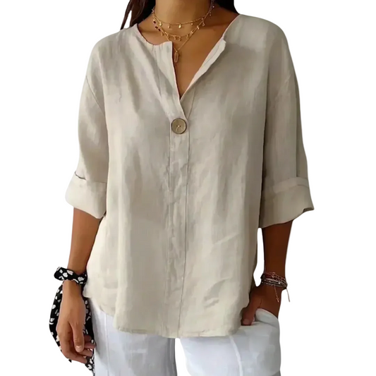 Women's beige linen shirt with V-neck and single button closure — front view