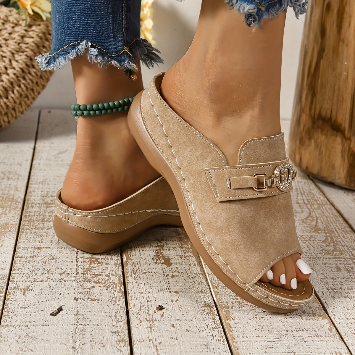 Buckle Strap Flat Slide Sandals for Women