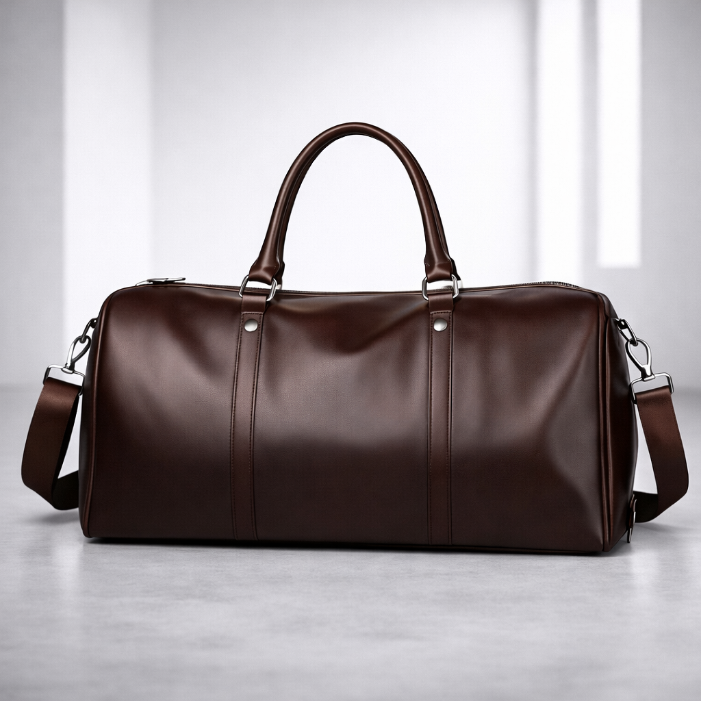 Brown full-grain leather duffle bag with dual handles and shoulder strap — front view