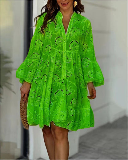 V-Neck Eyelet Tiered Mini Dress for Women