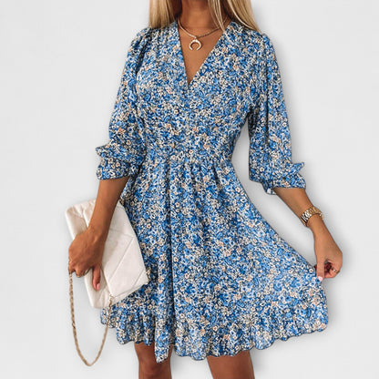Floral V-Neck Puff Sleeve Midi Dress for Women