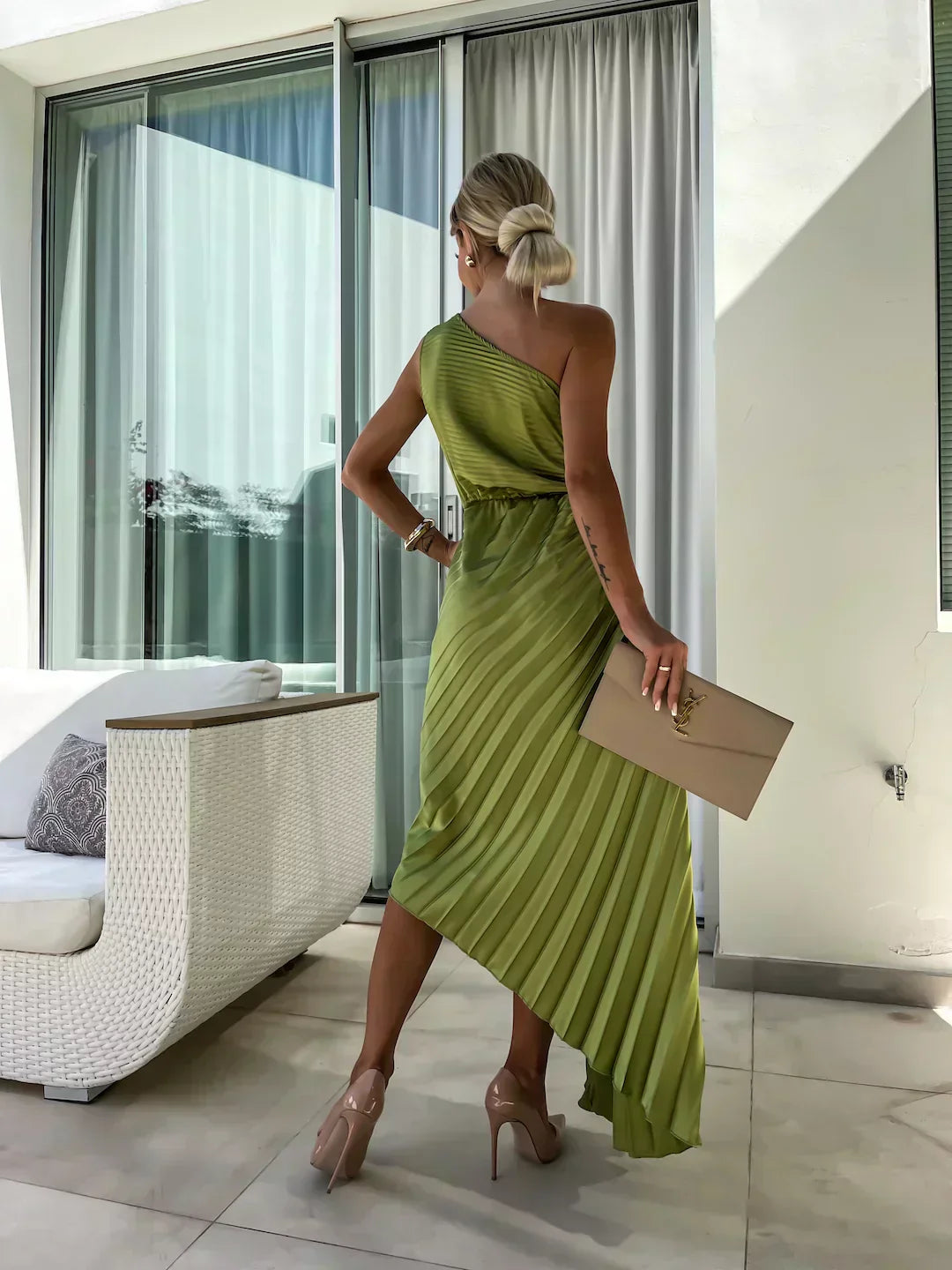 One-Shoulder Pleated Midi Dress for Women