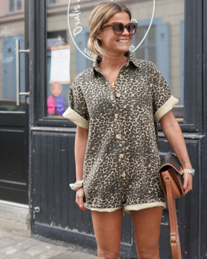 Leopard Print Button-Up Playsuit for Women