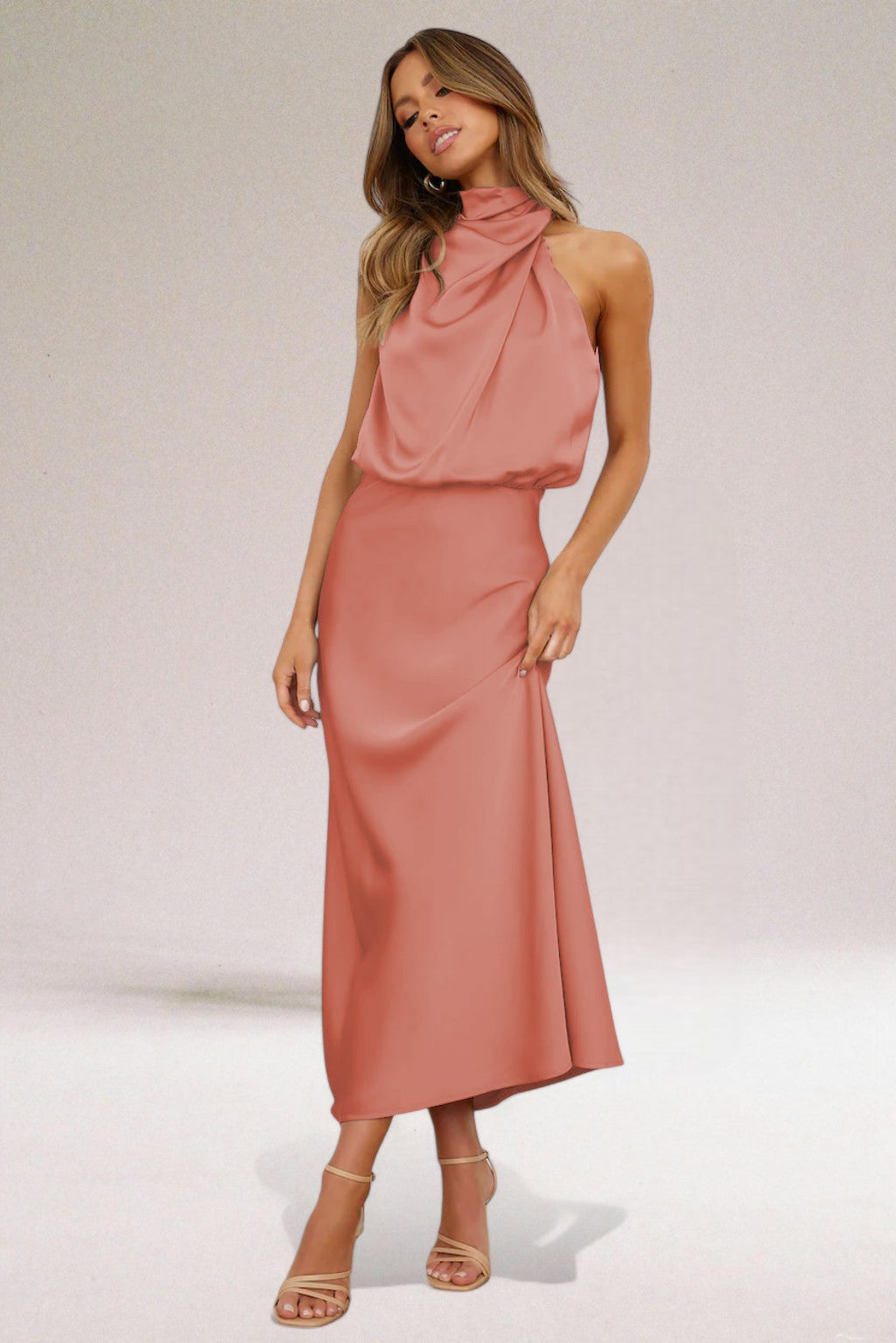 Halter Neck Satin Midi Dress for Women