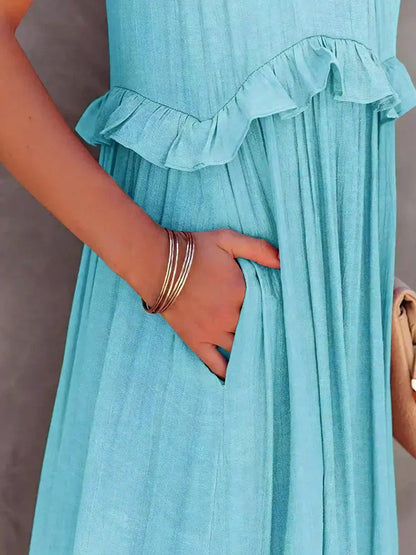 Women's Sleeveless Ruffle Day-to-Evening Midi Dress — close-up