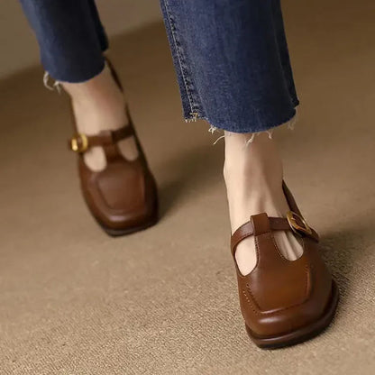 Women's T-Strap Mary Jane Shoes Square Toe Low Block Heel — close-up