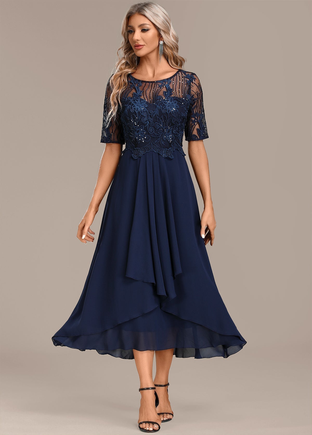 Navy lace bodice midi cocktail dress with flowing chiffon skirt — front view