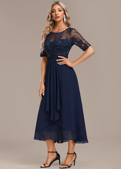 Women's Navy Lace Cocktail Midi Dress — close-up
