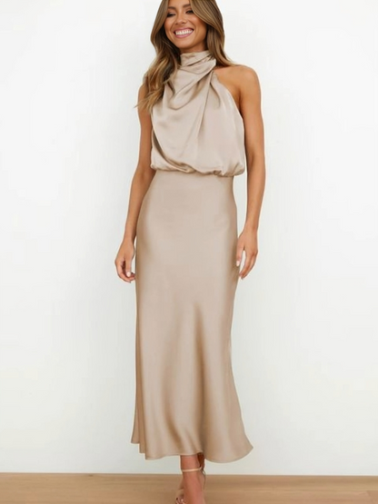 Women's Satin Halter Evening Maxi Dress — side view