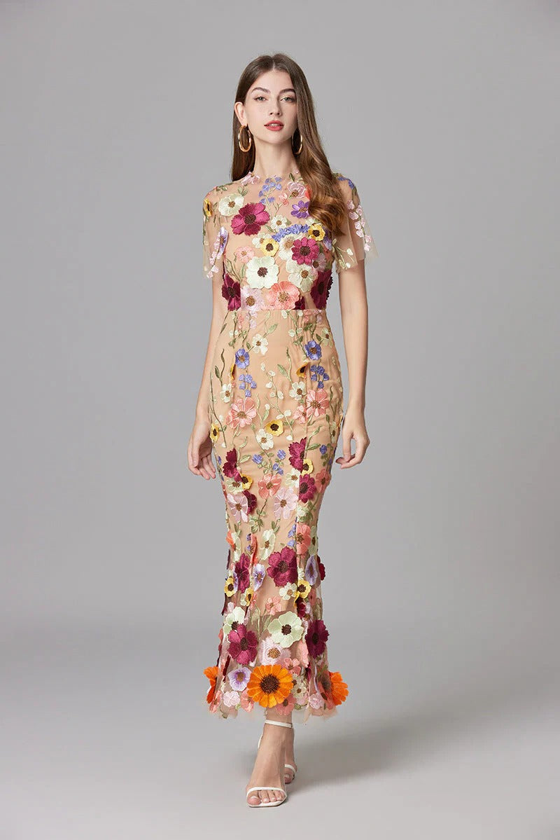 Women's Floral Appliqué Summer Gala Maxi Dress — detail view
