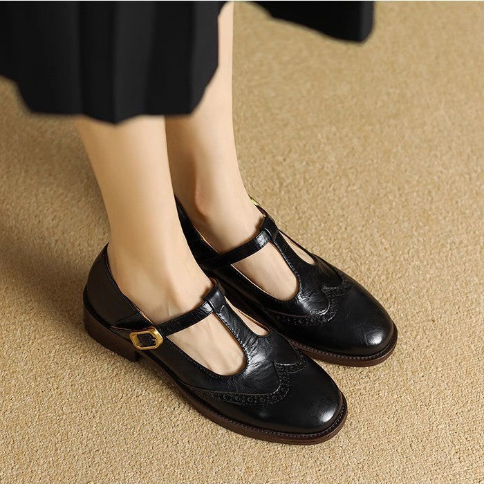 Women's Leather Brogue T-Strap Mary Janes — detail view