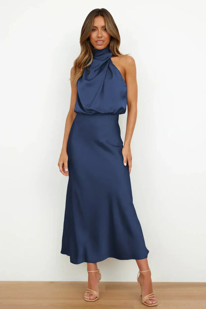 Women's Satin Halter Evening Maxi Dress — front view
