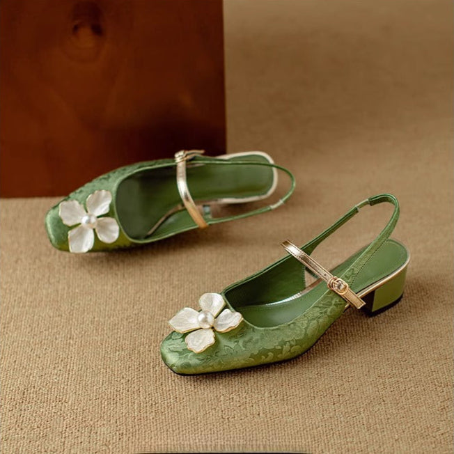 Women's Floral Slingback Square Toe Block Heel Pumps — side view