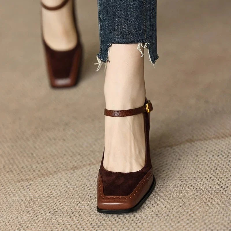 Women's Square Toe Block Heel Pumps Ankle Strap — detail view