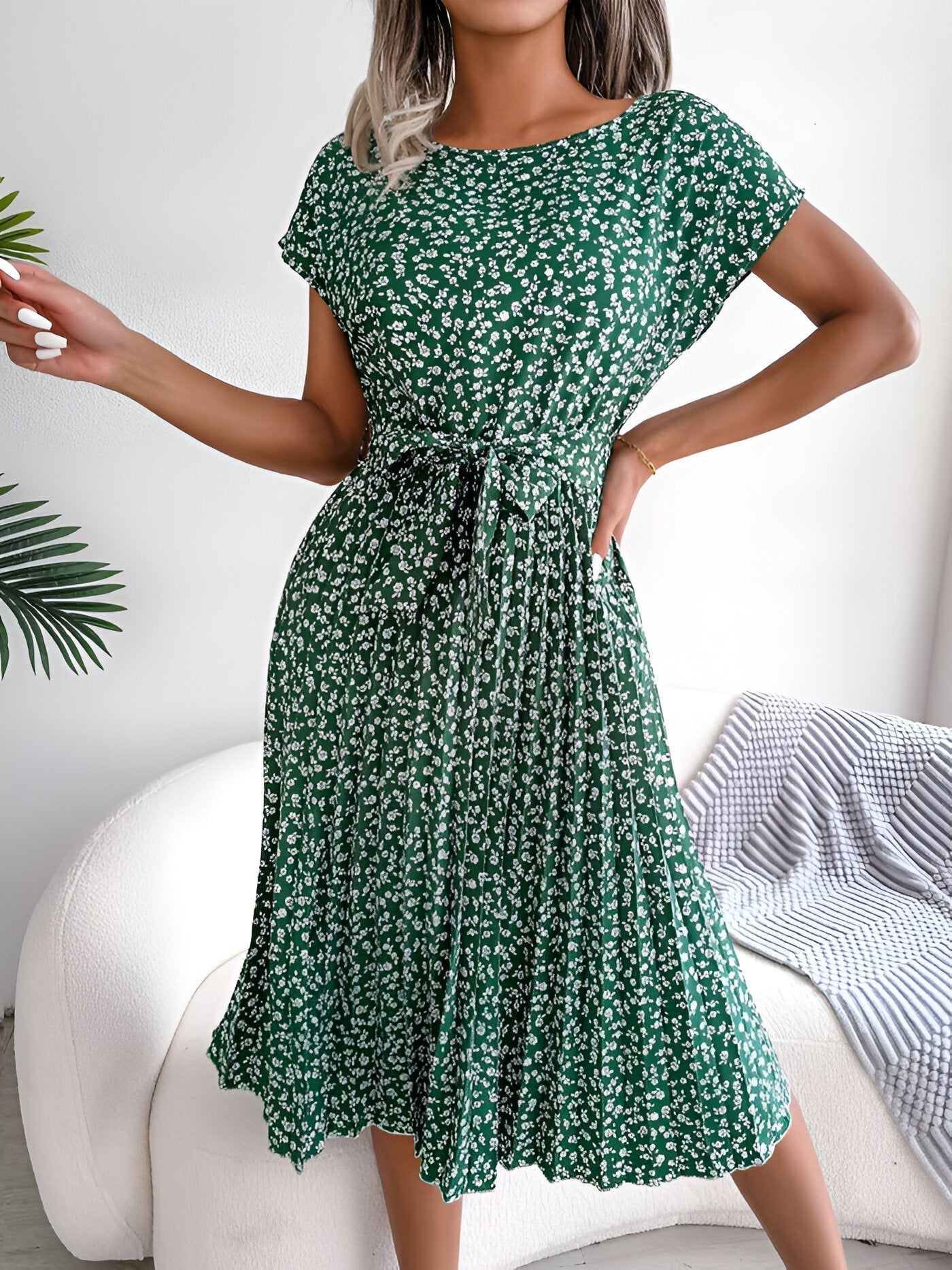Floral Short Sleeve Pleated Midi Dress for Women