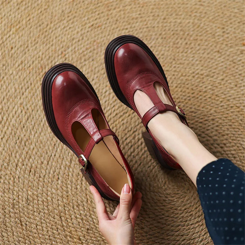 Burgundy leather Mary Jane pumps with T-strap and block heel — overhead view on woven rug