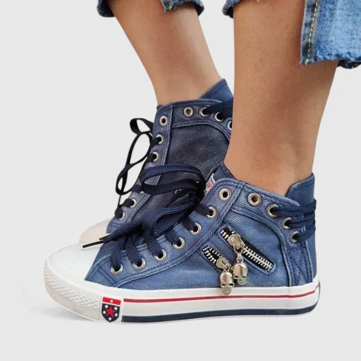 Women's Denim High Top Lace-Up Zip Sneakers — product view