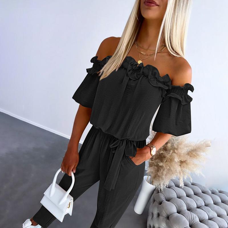 Women's Off-Shoulder Frill Tie-Waist Jumpsuit — product view