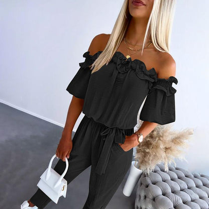 Women's Off-Shoulder Frill Tie-Waist Jumpsuit — product view