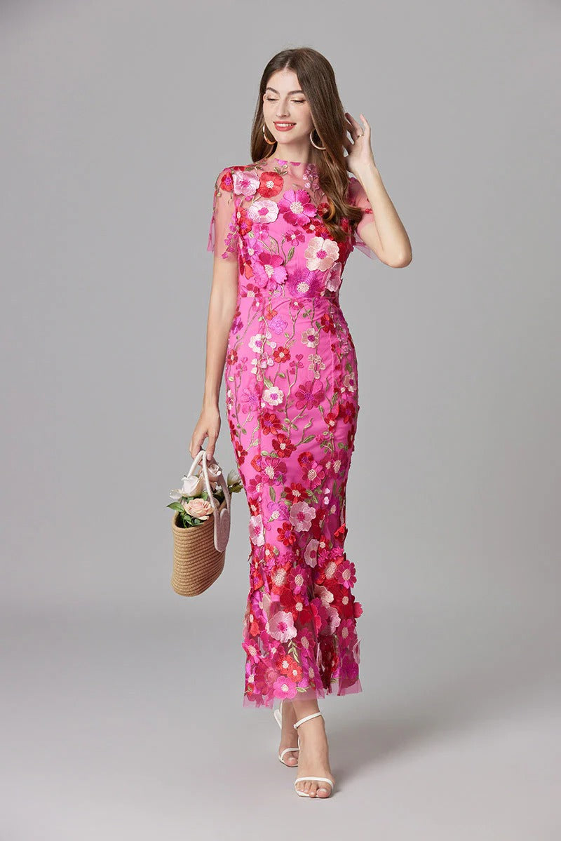 Women's Floral Appliqué Summer Gala Maxi Dress — front view