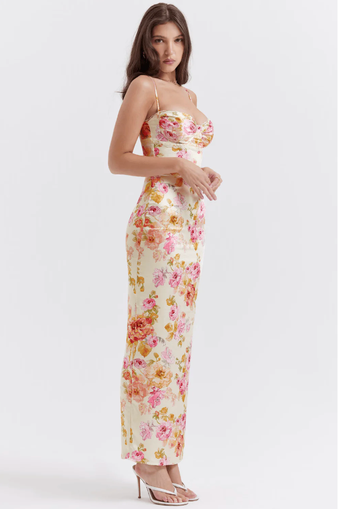 Women's Floral Wedding Guest Midi Dress — close-up