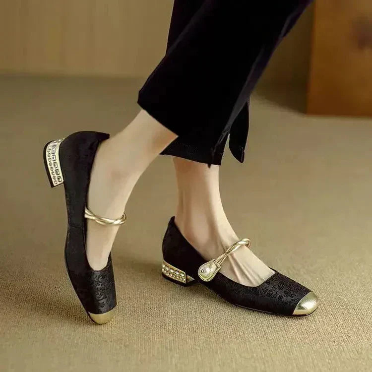 Women's Pearl Strap Mary Jane Block Heels — front view