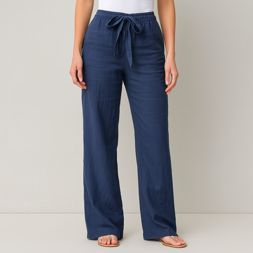 Navy blue linen-cotton wide-leg pants with drawstring waist — front view