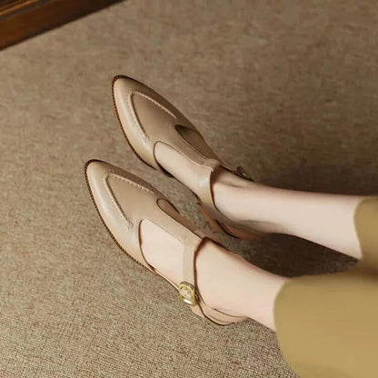 Women's T-Strap Buckle Shoes Pointed Toe Low Heel — close-up