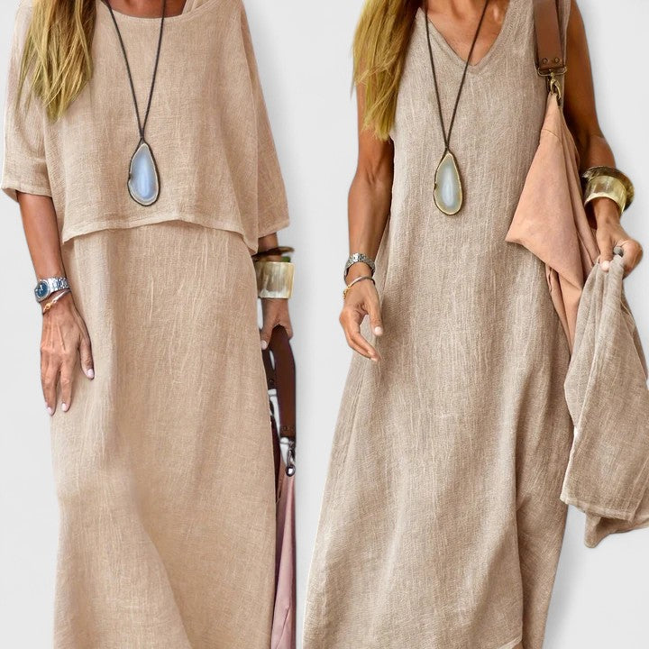 Two-piece linen maxi dress set with pendant necklace in beige — front view comparison