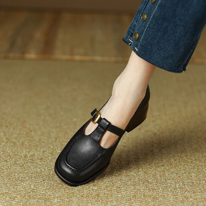 Women's T-Strap Mary Jane Shoes Square Toe Low Block Heel — side view