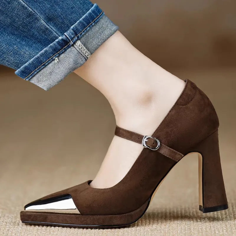 Women's Mary Jane Block Heel Pumps Cap Toe — detail view