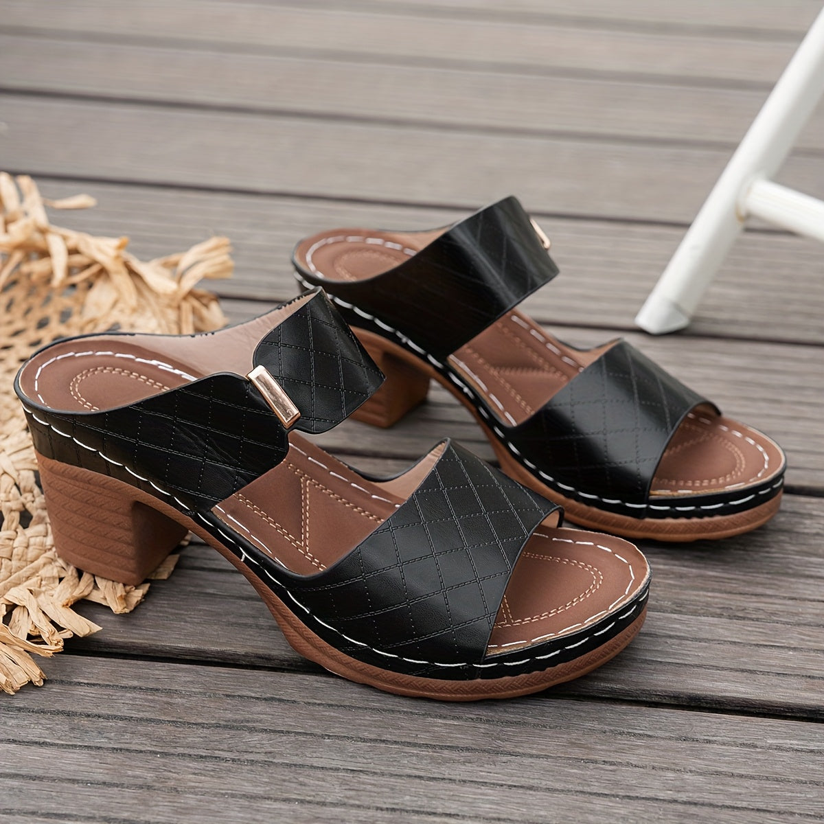 Quilted Open-Toe Block Heel Sandals for Women