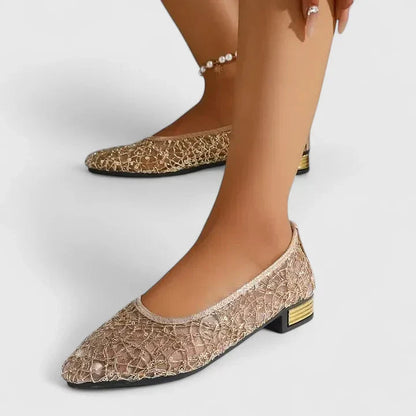 Women's Lace Pointed Toe Flats Low Block Heel — detail view